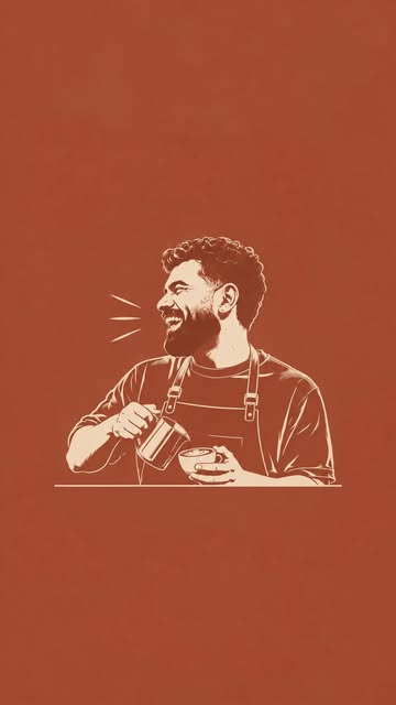 Line illustration of a smiling KŌNA barista pouring milk into a cup