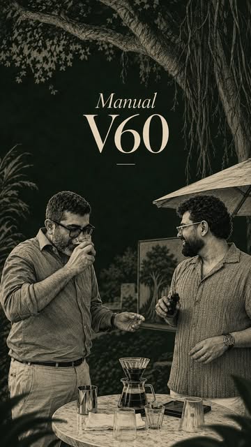 Illustrated poster of two men sharing a manual V60 pour-over under a tree at KŌNA