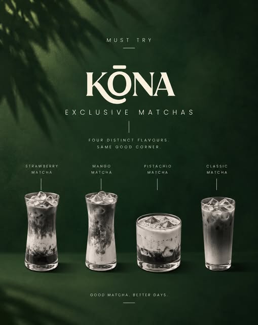 KŌNA exclusive matchas poster: Strawberry, Mango, Pistachio and Classic matcha