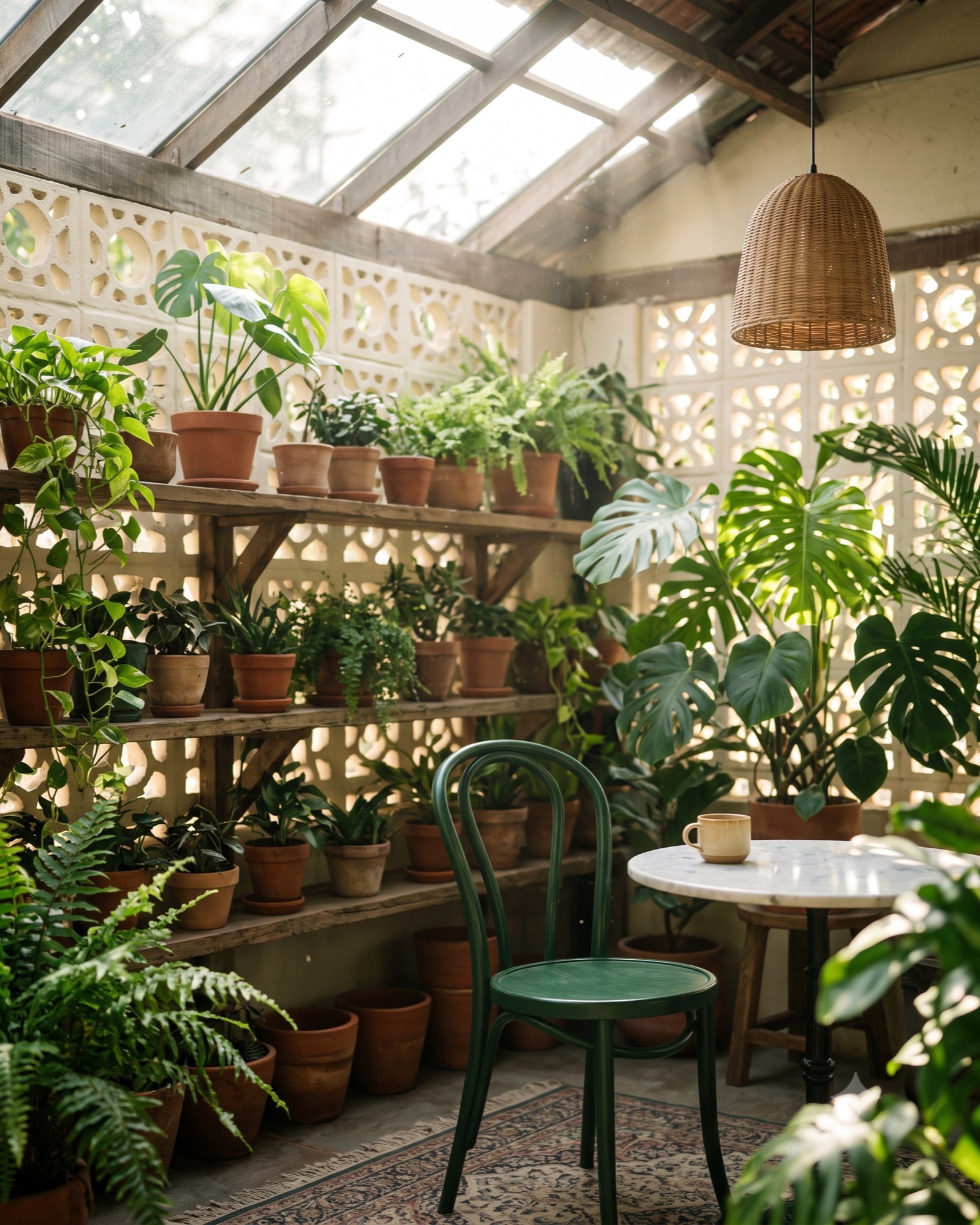 Sunlit glasshouse room at KŌNA cafe with potted plants on timber shelving and a breeze-block wall