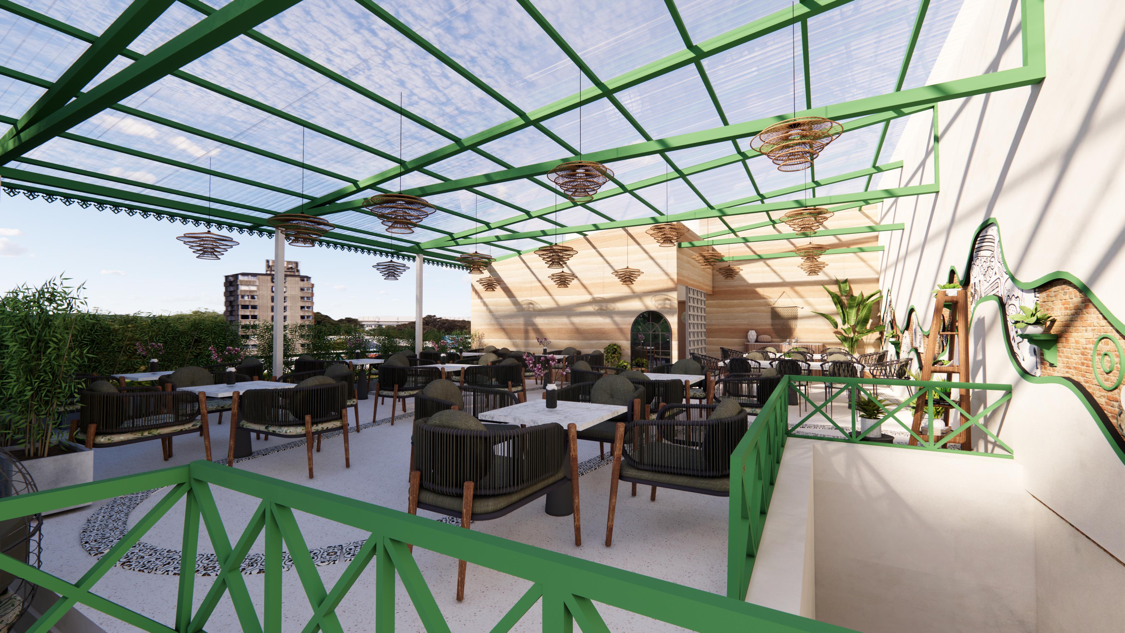 KŌNA's rooftop terrace in Chhindwara under a green steel pergola with woven pendant lights