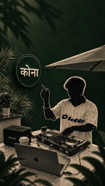 Illustrated poster of a DJ playing beside the कोना sign on the KŌNA terrace